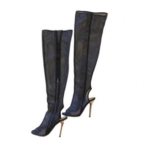 Over The Knee Fishnet Peep Toe  Metallic Heels Boots Size 5.5
